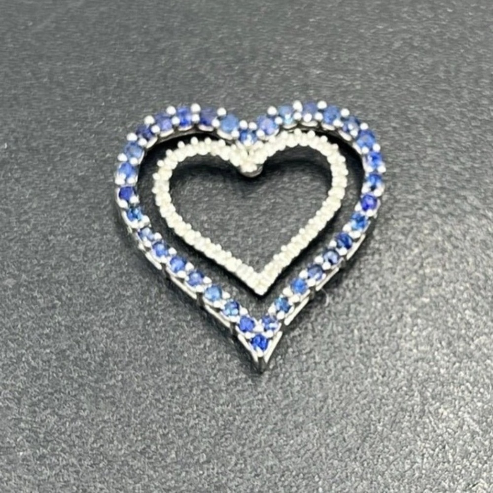 JWBR 10k‎ White Gold Double Heart Pendant Blue Spinel and Diamond 21mm, 1.71g